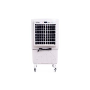 The DA-8000A Evaporative Air Cooler is a white, portable unit with a front grille, top control panel, and base wheels, shown against a plain white background.
