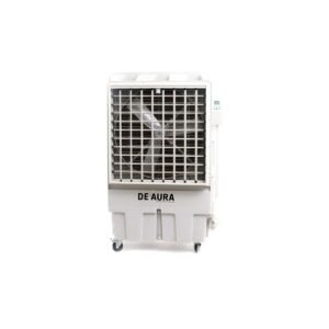 The DA:25000B Evaporative Air Cooler is a white portable unit with large blades, front metal grille, side control panel, wheels for mobility, and the DEAURA brand name displayed on the front.