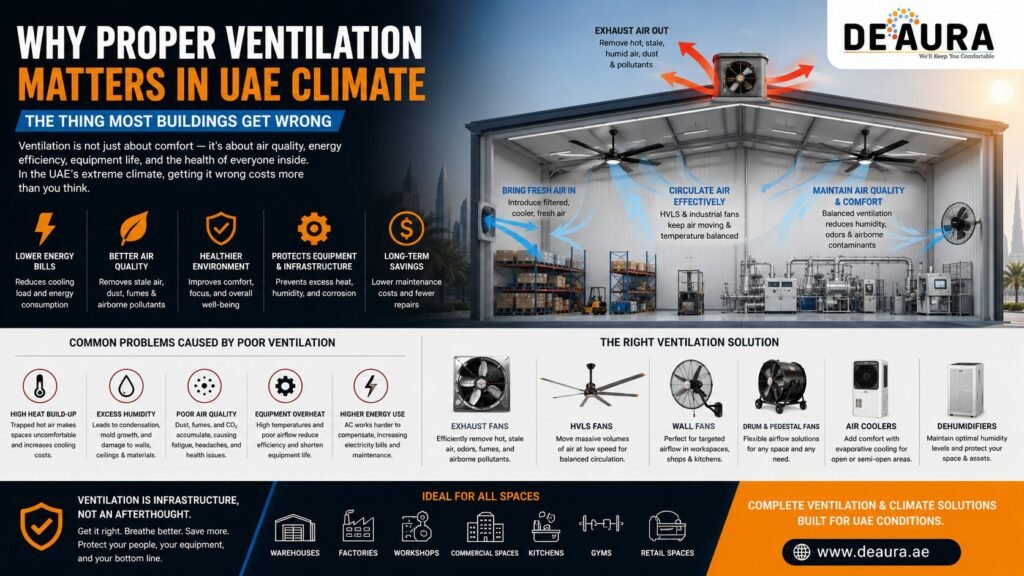 DEAURA ventilation infographic showing exhaust fans, HVLS fans, wall fans, dehumidifiers, and industrial airflow solutions for UAE warehouses and commercial buildings.