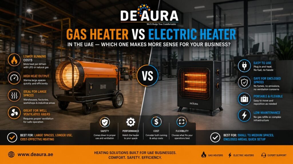 DEAURA comparison banner showing gas heater vs electric heater for UAE businesses, warehouses, factories, offices, and commercial heating applications.