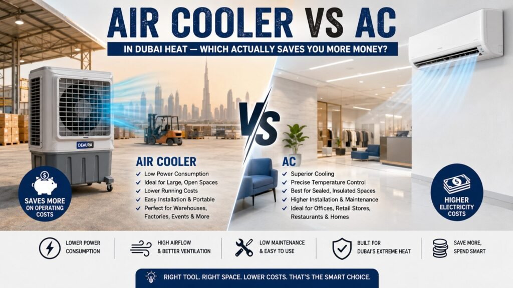 Infographic comparing industrial air coolers and air conditioners in Dubai heat, showing electricity savings, cooling performance, and best use cases for warehouses, offices, factories, and commercial spaces.