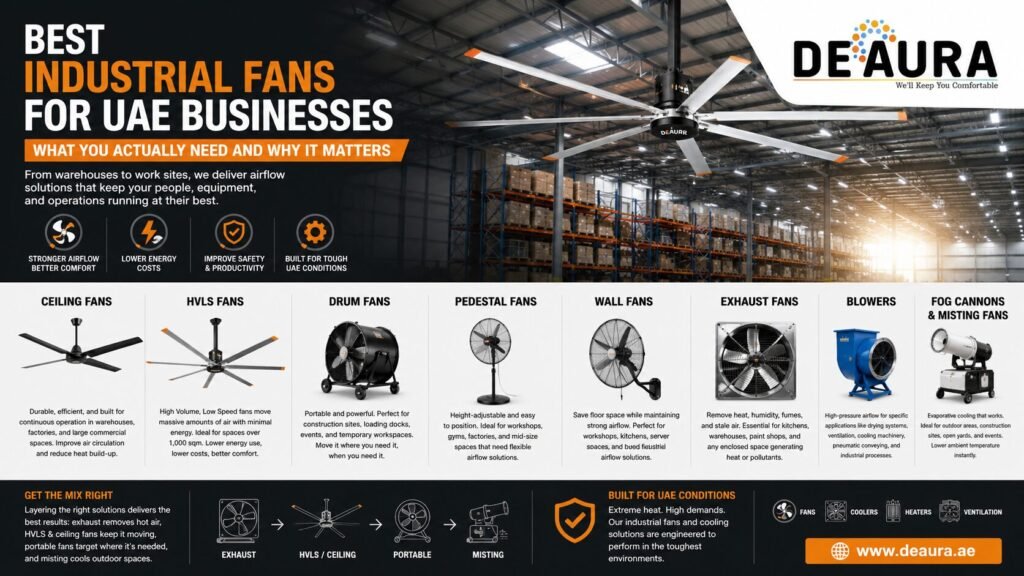 DEAURA industrial fan solutions banner featuring HVLS fans, ceiling fans, exhaust fans, blowers, pedestal fans, drum fans, and misting fans for warehouses, factories, and commercial spaces in the UAE.
